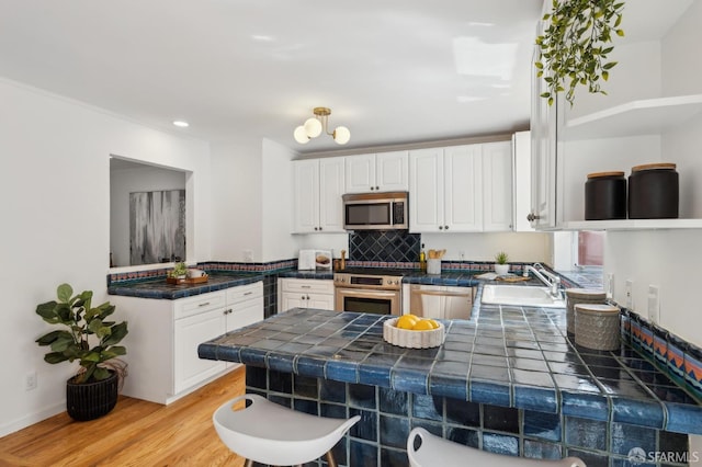 kitchen featuring stainless steel appliances, a peninsula, a sink, and white cabinets