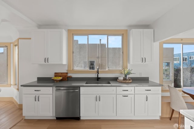 kitchen featuring a wealth of natural light, white cabinetry, a sink, and stainless steel dishwasher