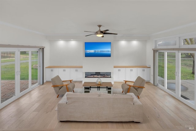 living room featuring ceiling fan, ornamental molding, and light hardwood / wood-style floors