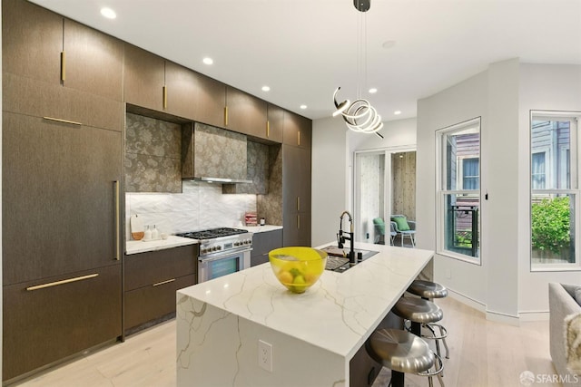 4038 18th St, San Francisco, CA 94114 - kitchen featuring high end stove, light wood-style flooring, tasteful backsplash, a center island with sink, and recessed lighting