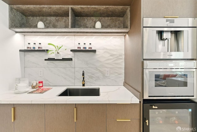 4038 18th St, San Francisco, CA 94114 - kitchen featuring beverage cooler, double oven, tasteful backsplash, open shelves, and light stone countertops