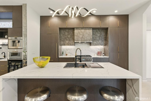4038 18th St, San Francisco, CA 94114 - kitchen featuring decorative backsplash, a breakfast bar, light stone counters, double oven, and recessed lighting