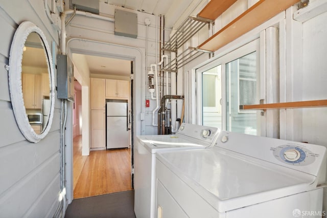 laundry room featuring washer and clothes dryer and dark hardwood / wood-style flooring