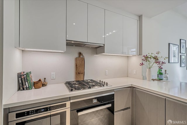 kitchen featuring white cabinetry, stainless steel appliances, and range hood