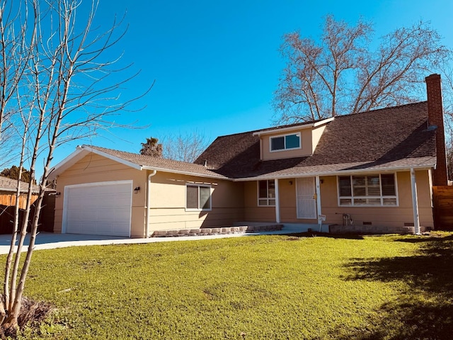 view of front of house with a garage, roof with shingles, crawl space, and a front yard