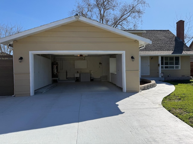 view of front of house with roof with shingles, a chimney, concrete driveway, water heater, and an attached garage