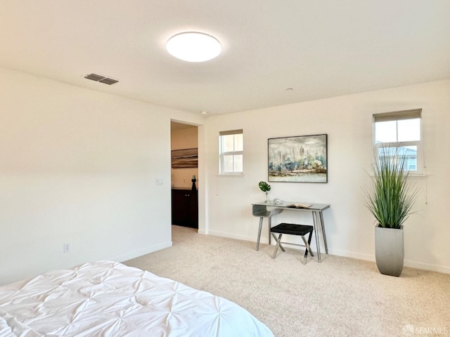 bedroom with multiple windows and light colored carpet