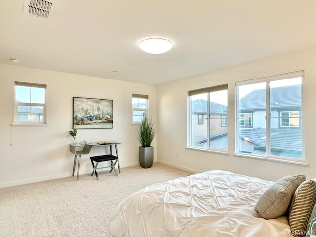 bedroom with multiple windows and light colored carpet