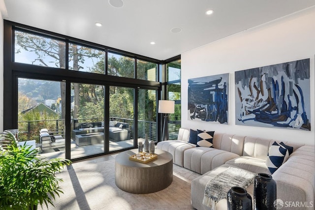 living room with a wall of windows and wood-type flooring