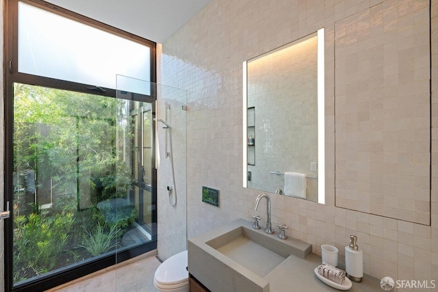 bathroom with toilet, tile walls, sink, and decorative backsplash