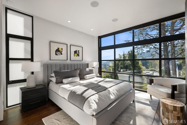 bedroom with a wall of windows and dark hardwood / wood-style flooring