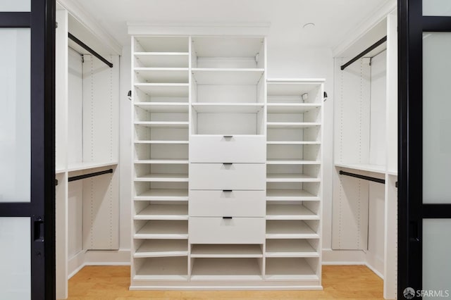 walk in closet with hardwood / wood-style flooring