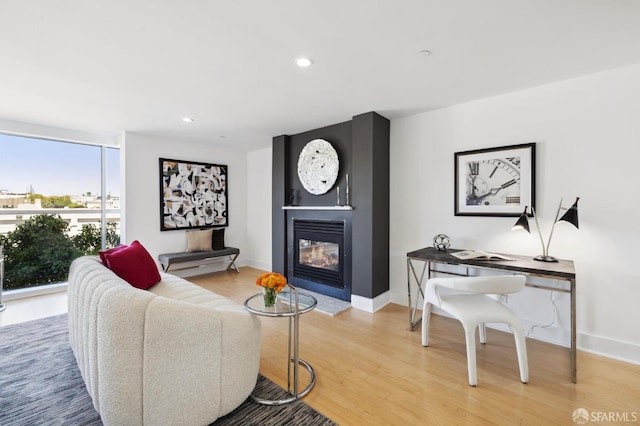 living room with light wood-type flooring and a multi sided fireplace