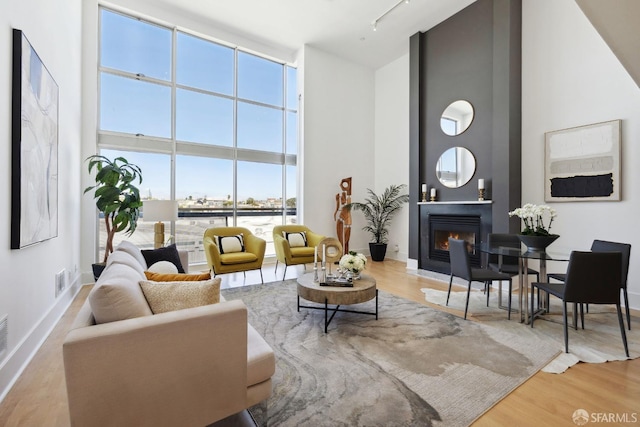 interior space featuring rail lighting, a water view, light hardwood / wood-style flooring, a large fireplace, and a high ceiling