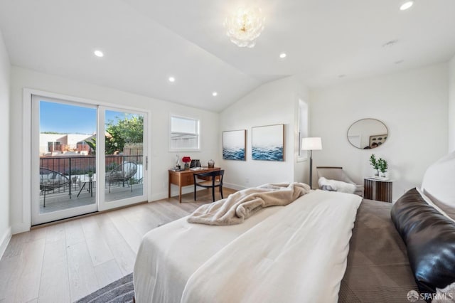 bedroom featuring lofted ceiling, access to outside, and light wood-type flooring