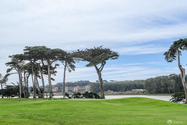 view of community featuring a water view and a lawn