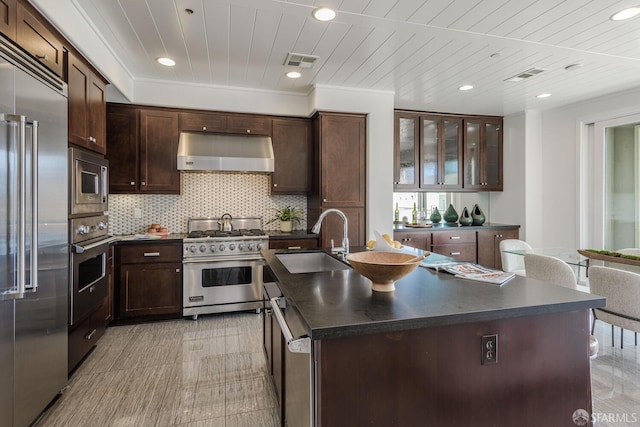 kitchen with built in appliances, under cabinet range hood, a sink, visible vents, and dark countertops