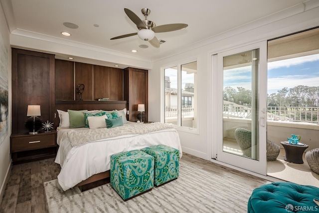 bedroom with ceiling fan, light wood-style flooring, ornamental molding, access to outside, and recessed lighting