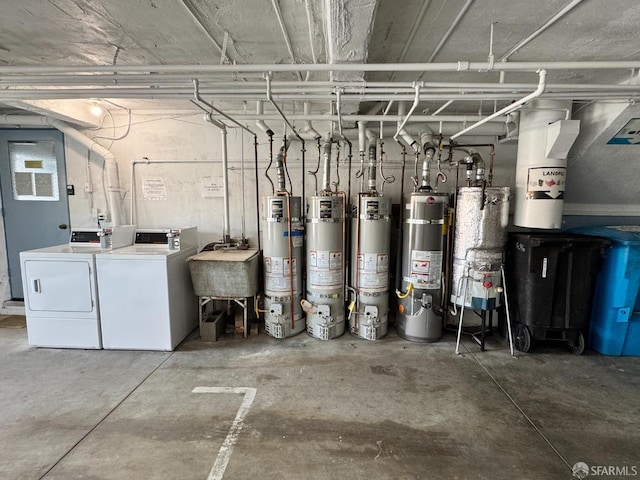 1646 19th Ave, San Francisco, CA 94122 - unfinished basement featuring washer and dryer, secured water heater, and gas water heater