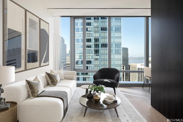 181 Fremont St Unit 54A, San Francisco, CA 94105 - living area featuring healthy amount of natural light, wood finished floors, floor to ceiling windows, and a view of city