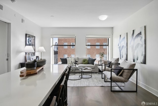 living room featuring dark wood-type flooring