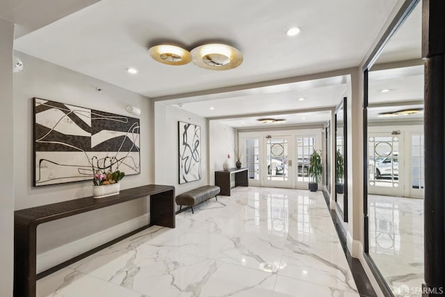 1234 Francisco St Unit 6, San Francisco, CA 94123 - corridor featuring marble tiled flooring, french doors, and recessed lighting
