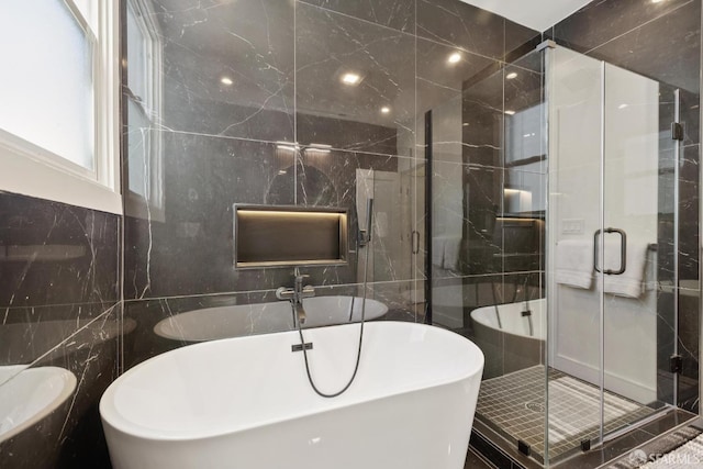 1234 Francisco St Unit 6, San Francisco, CA 94123 - full bathroom with tile walls, a freestanding tub, and a stall shower