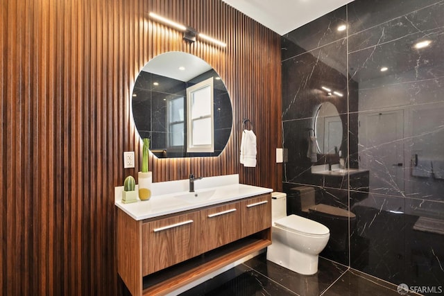 1234 Francisco St Unit 6, San Francisco, CA 94123 - full bathroom featuring vanity, walk in shower, and marble tiled flooring