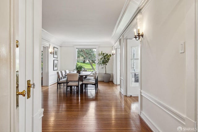 dining room with wood finished floors, crown molding, and a decorative wall