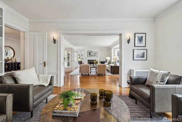 living room featuring a fireplace, wood finished floors, and crown molding