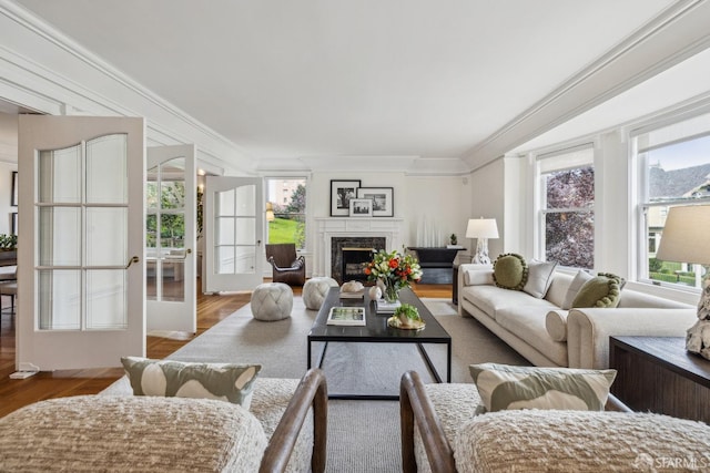 living area with wood finished floors, ornamental molding, and a high end fireplace