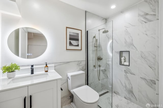 bathroom featuring tile walls, toilet, and tiled shower