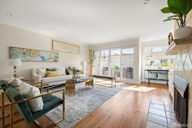 3044 Franklin St Unit 302, San Francisco, CA 94123 - living room with ornamental molding, baseboards, recessed lighting, and wood finished floors