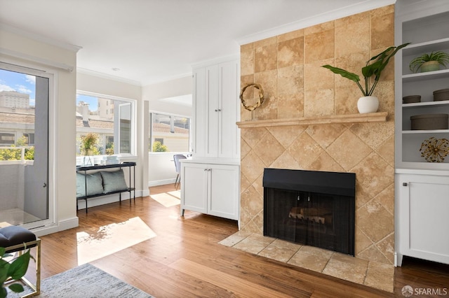 3044 Franklin St Unit 302, San Francisco, CA 94123 - living room with ornamental molding, wood finished floors, a tile fireplace, and baseboards