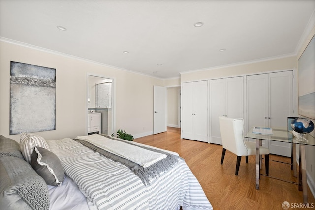 3044 Franklin St Unit 302, San Francisco, CA 94123 - bedroom with ornamental molding, light wood-style floors, ensuite bath, recessed lighting, and a closet
