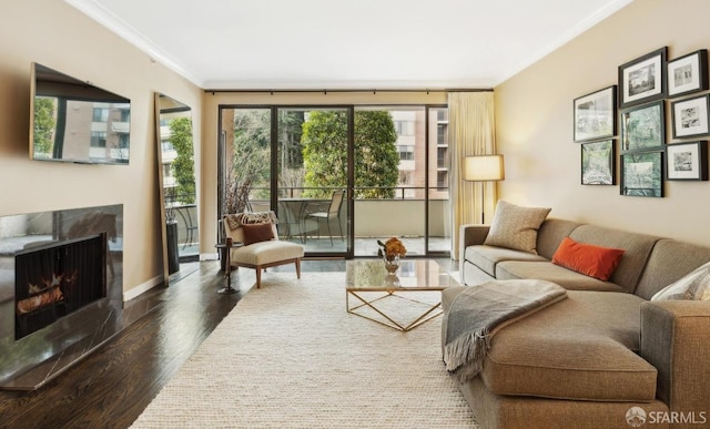 living room featuring baseboards, a premium fireplace, ornamental molding, and wood finished floors