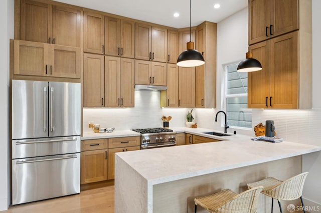 102 Baker St Unit B, San Francisco, CA 94117 - kitchen with high quality appliances, a peninsula, under cabinet range hood, recessed lighting, and backsplash