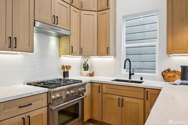 102 Baker St Unit B, San Francisco, CA 94117 - kitchen with high end range, under cabinet range hood, and decorative backsplash