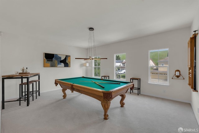 recreation room featuring baseboards, carpet floors, and pool table