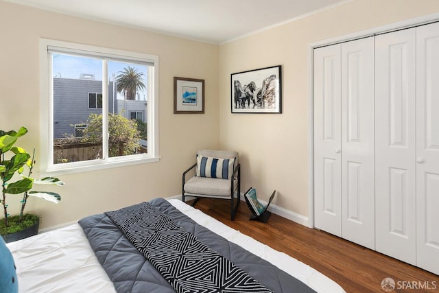 bedroom featuring wood-type flooring and a closet