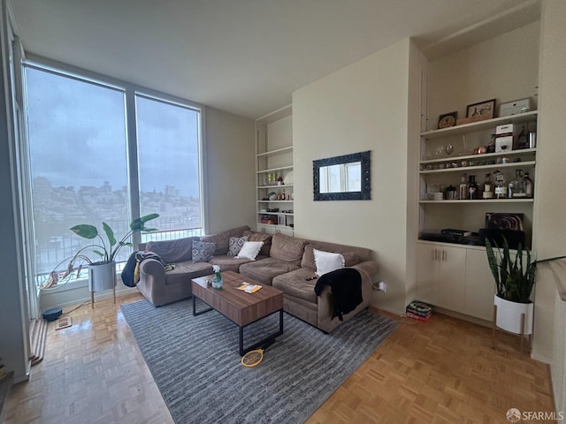 living area with built in features