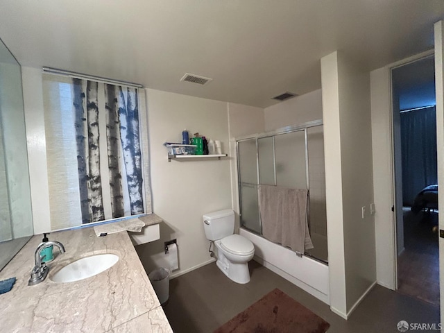 bathroom featuring shower / bath combination with glass door, vanity, toilet, baseboards, and visible vents