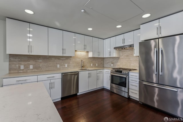 kitchen featuring under cabinet range hood, stainless steel appliances, a sink, white cabinetry, and dark wood-style floors