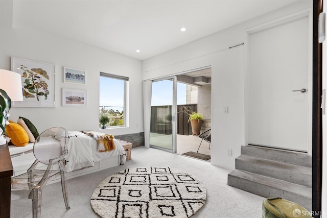 bedroom with light carpet and access to outside