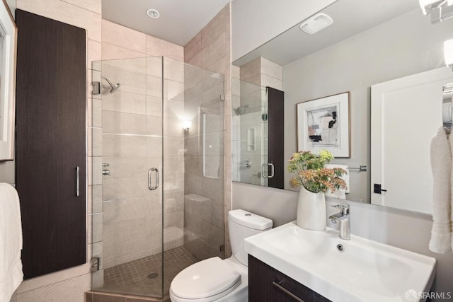 full bath with toilet, a shower stall, visible vents, and vanity