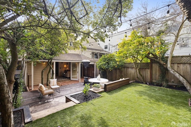 view of yard featuring a fenced backyard and a wooden deck