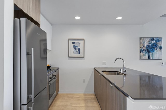 kitchen with appliances with stainless steel finishes, dark countertops, a sink, and modern cabinets