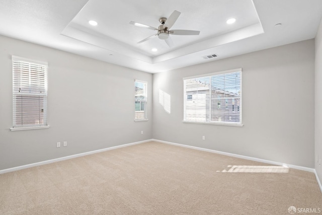 empty room with plenty of natural light, a tray ceiling, and carpet floors