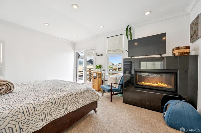 2922 Pine St, San Francisco, CA 94115 - carpeted bedroom with a tiled fireplace, recessed lighting, and crown molding