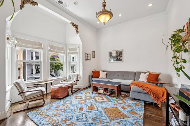 2922 Pine St, San Francisco, CA 94115 - living room featuring wood finished floors, ornamental molding, and recessed lighting